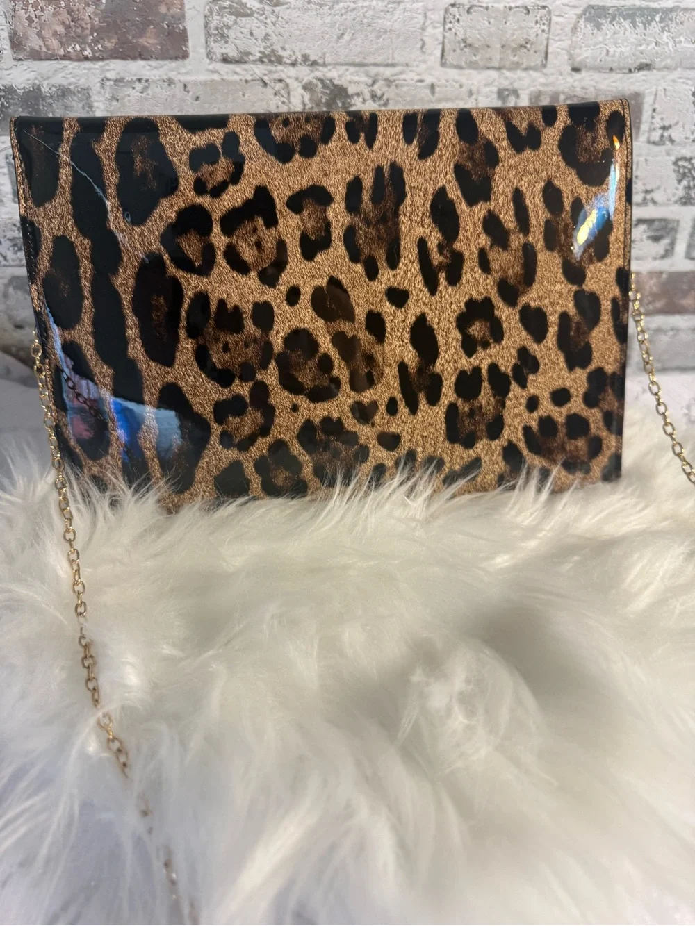Leopard Print Envelope Clutch with Gold Chain - Brown Leopard